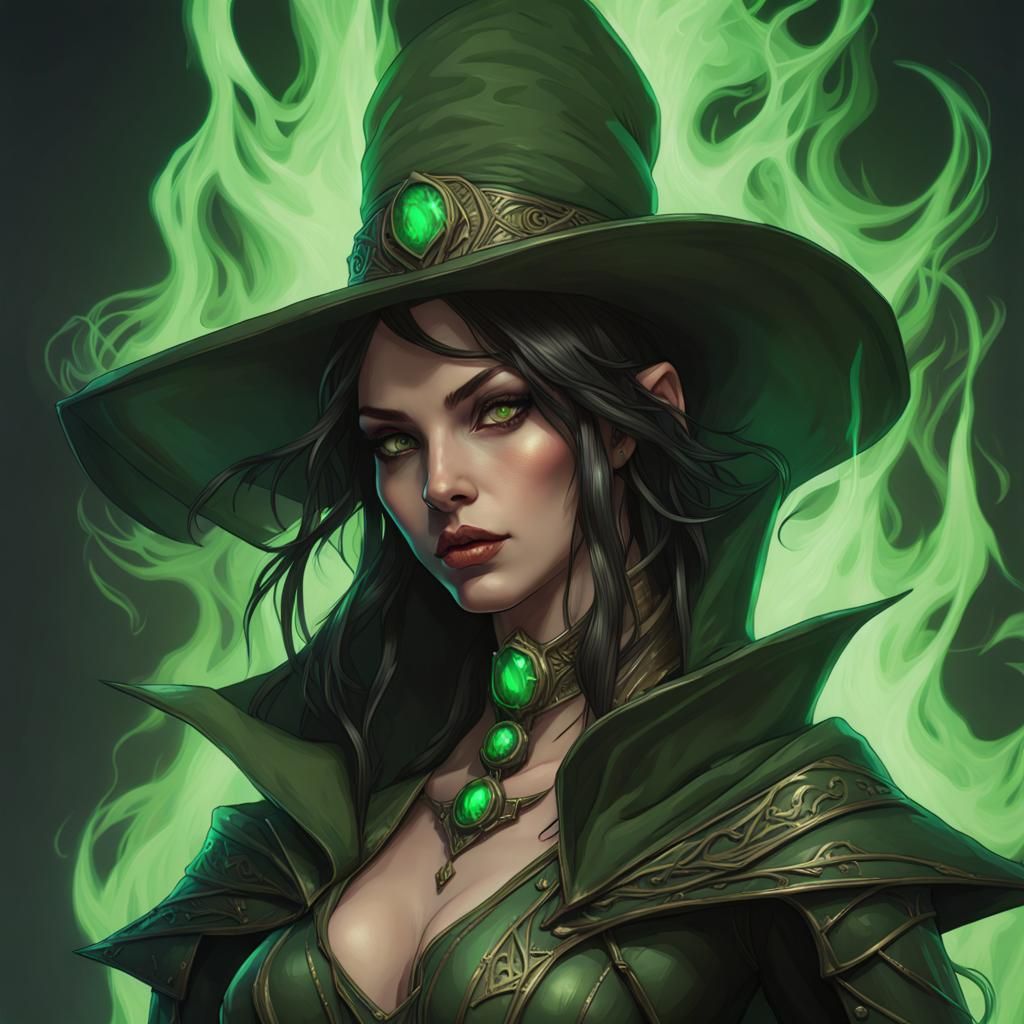 Steampunk Art Nouveau Vampire Witch with Green Flame