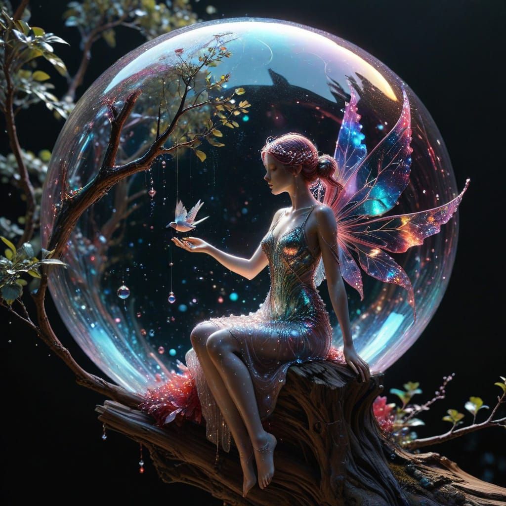 Astral Fairy in Iridescent Bubble, Mixed Media