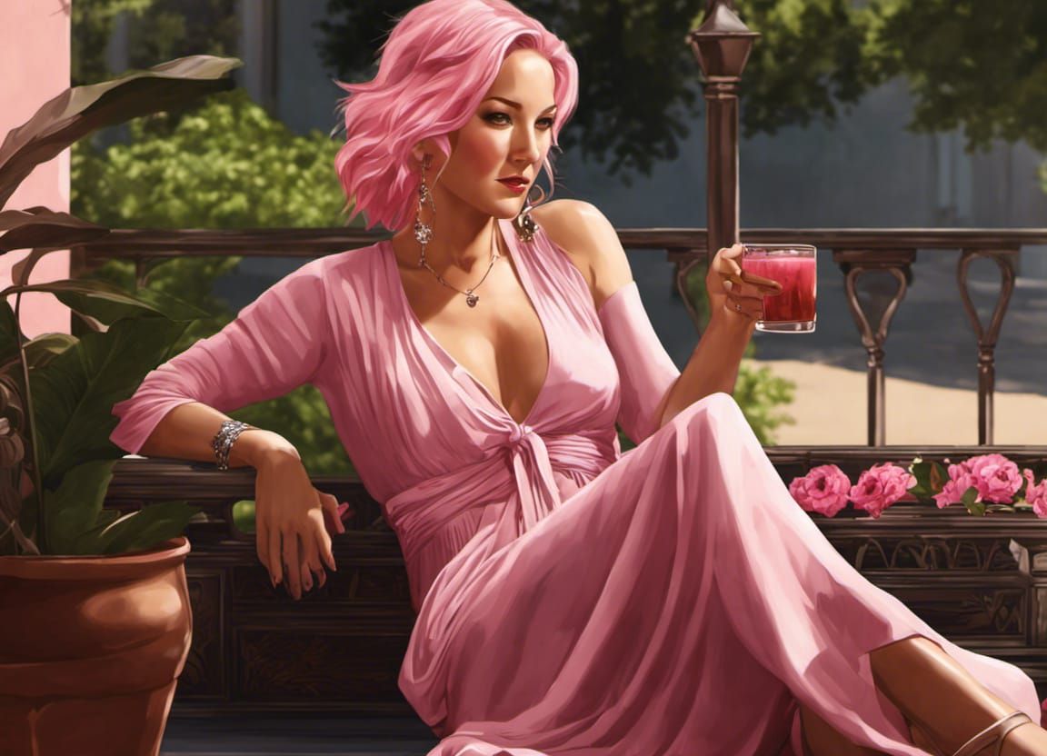Kate Hudson Posing on Patio with Pink Hair