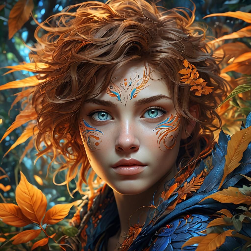 Gentle Face Surrounded by Lush Foliage in Matte Painting Sty...