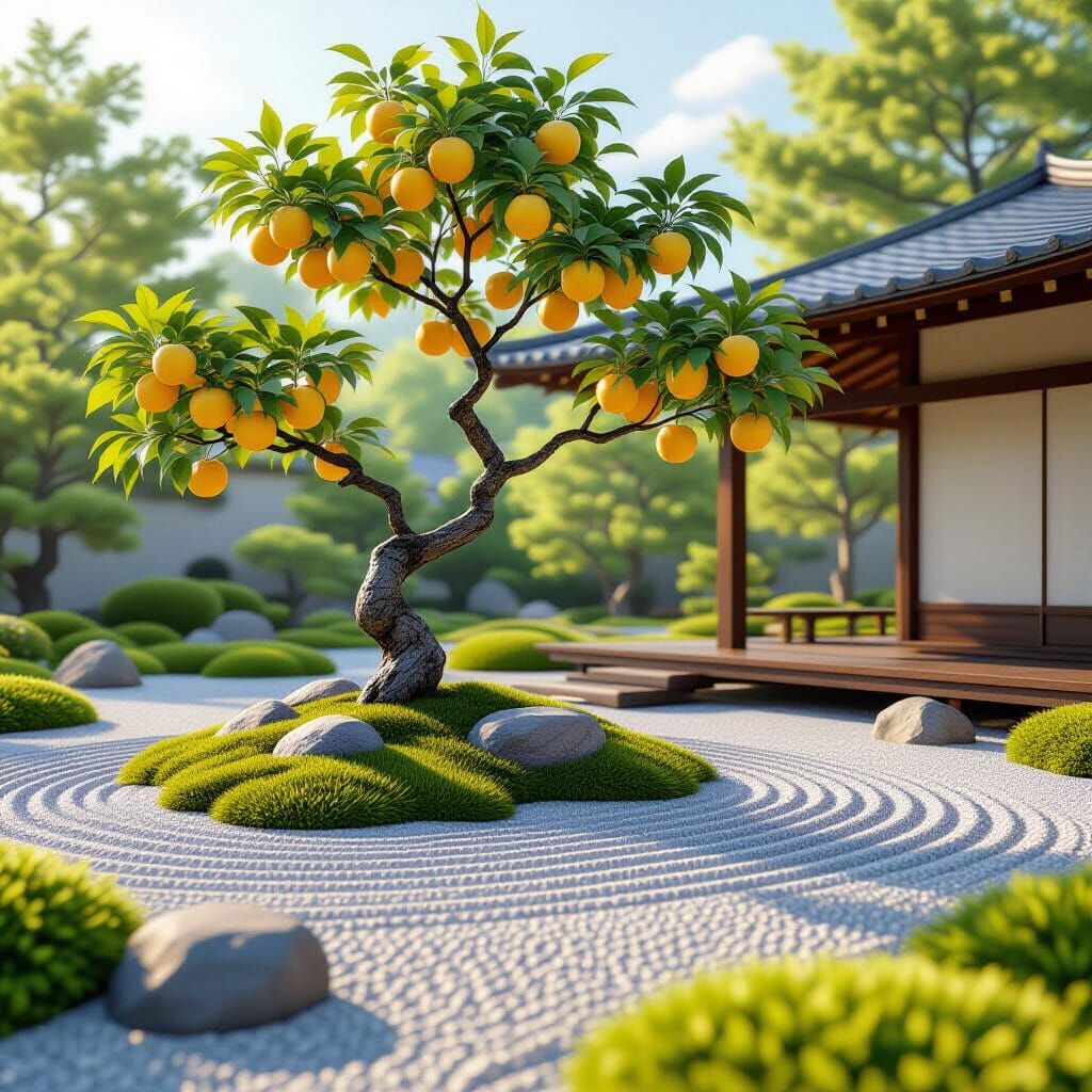 Minimalist Zen Garden with Triangular Apples, Digital Art