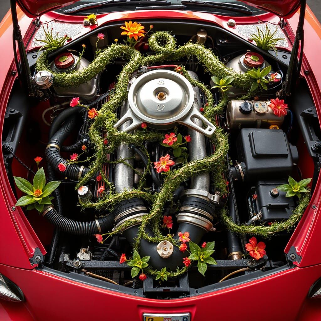 Exotic Car Engine Bay Transformed by Plant Life