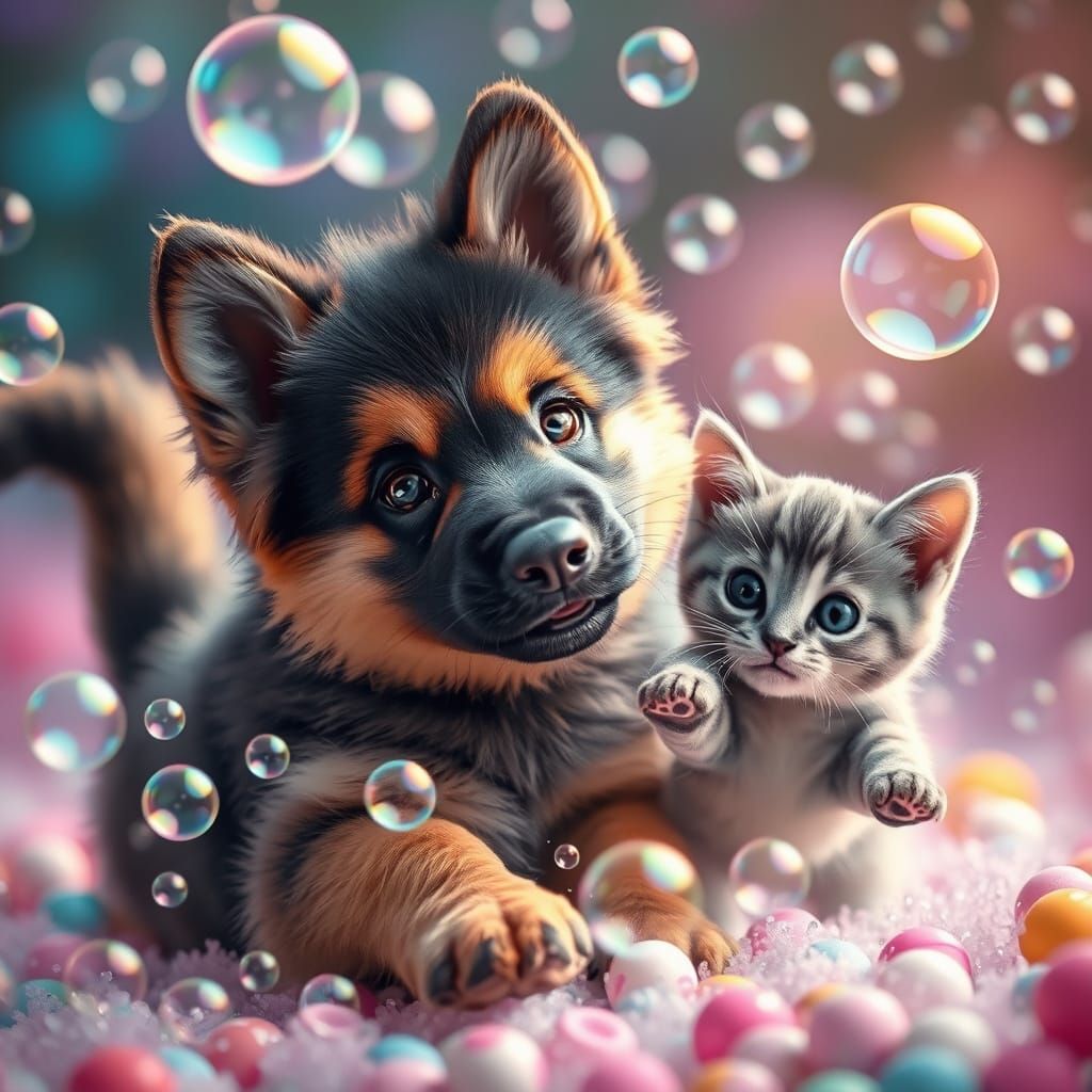 Whimsical German Shepherd Puppy Plays with Grey Kitten in Vi...
