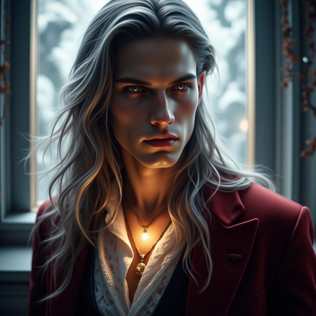 Elegant Gentleman with Silvery Hair and Nordic Dragon Neckla...