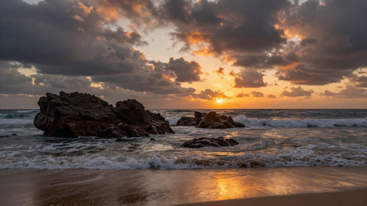 Dramatic Coastal Sunset with Volumetric Lighting