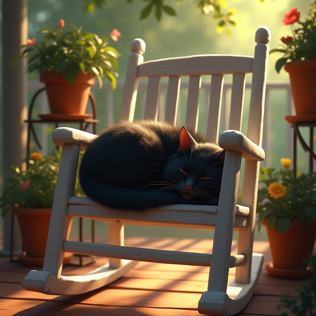 Lazy Black Cat Sleeping in Rocking Chair