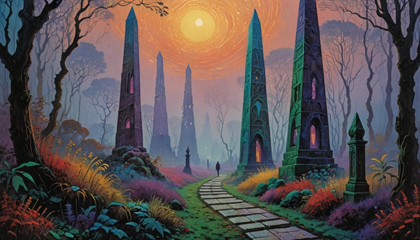 Mystical Jungle Path with Glowing Obelisks