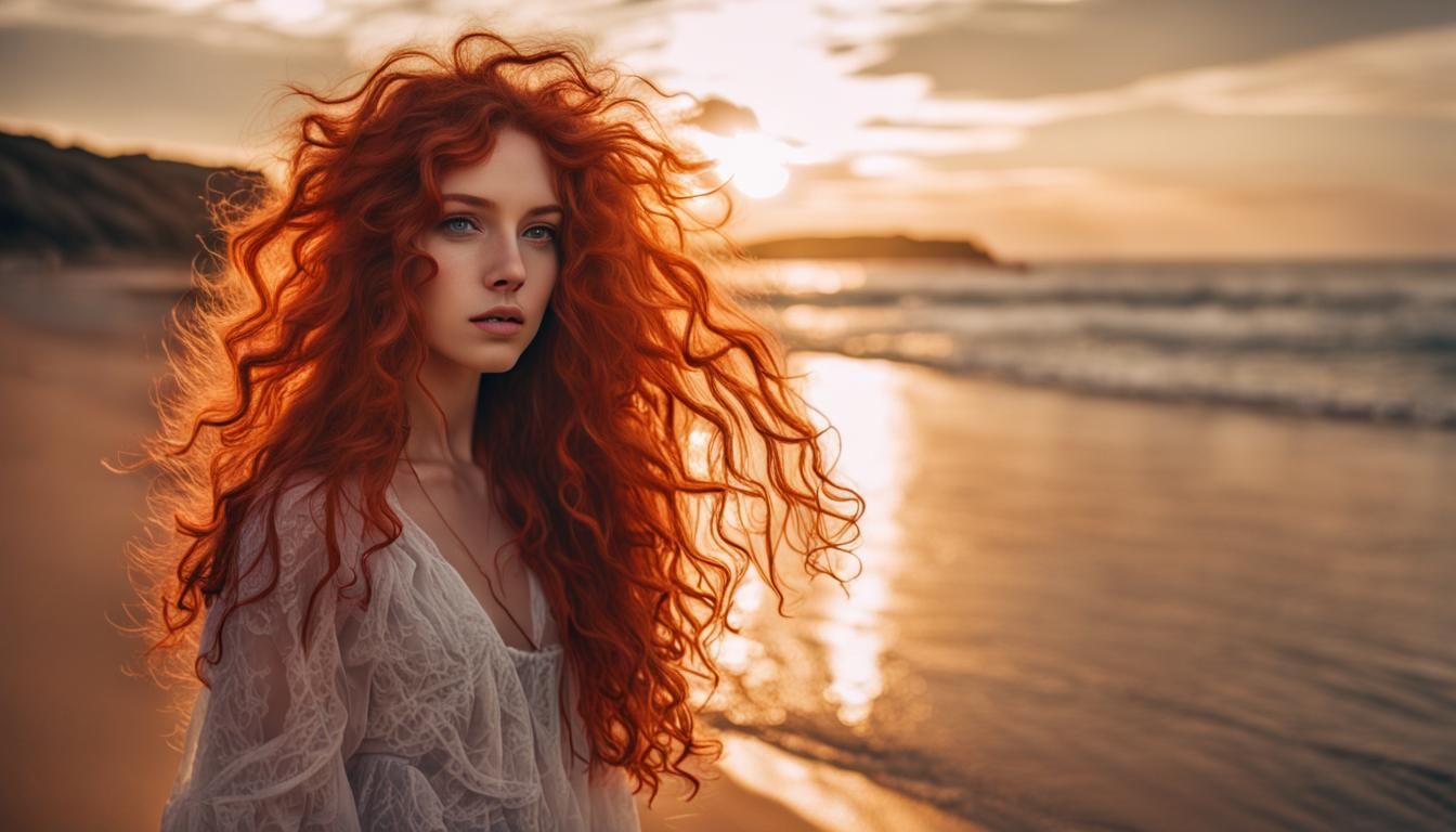 Enchanting Artist Girl on Beach at Sunset