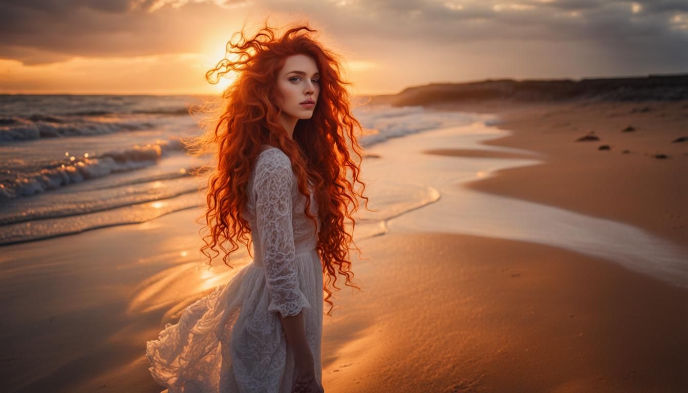 Enchanting Artist Girl on Beach at Sunset