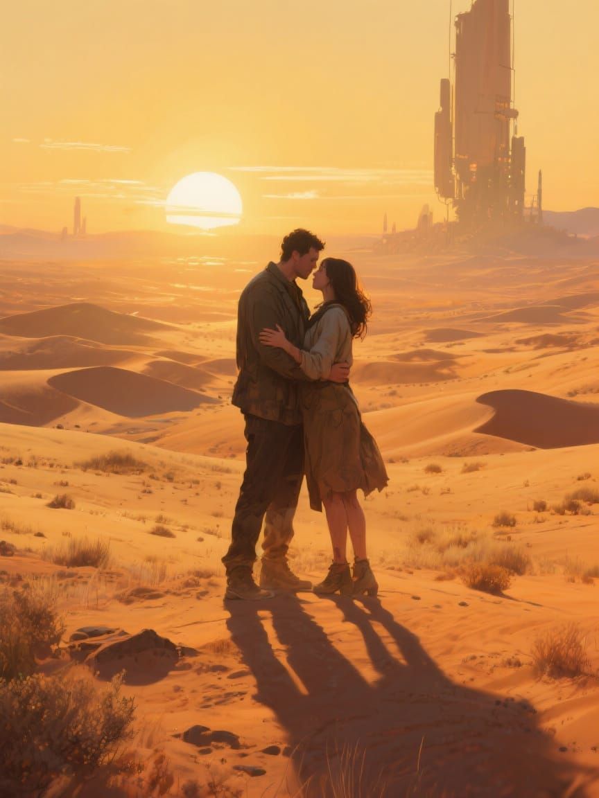 Desert Embrace in Golden Light: A Conceptual Artwork