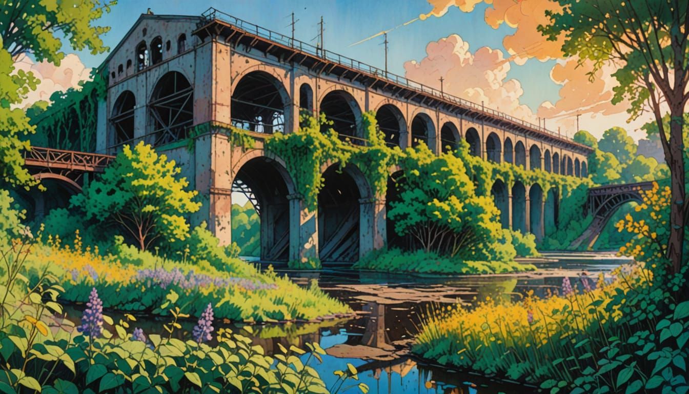 Abandoned Factory Scene in Comic Book Style