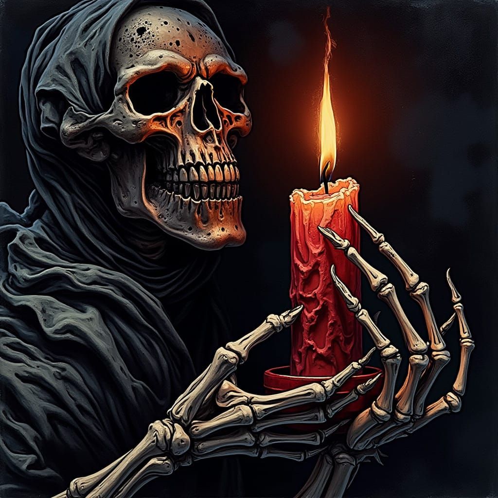 Bony Skeleton Hands Hold Flickering Candle in Dark Surrealis...