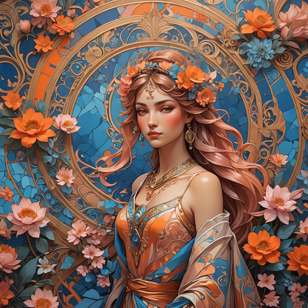 Salon Mural with Pink, Blue, and Floral Motifs