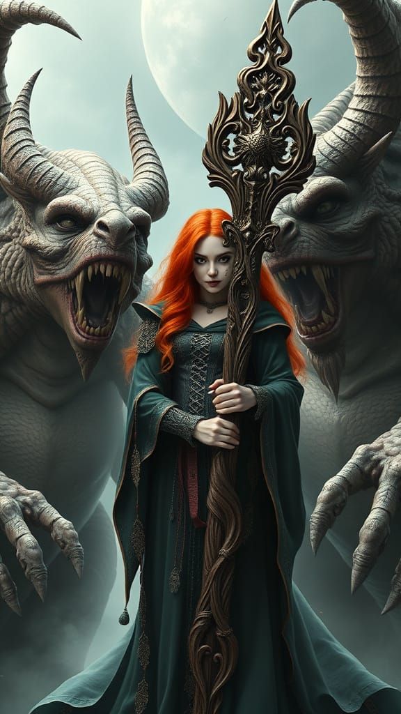 Red-Haired Enchantress Between Imposing Monsters