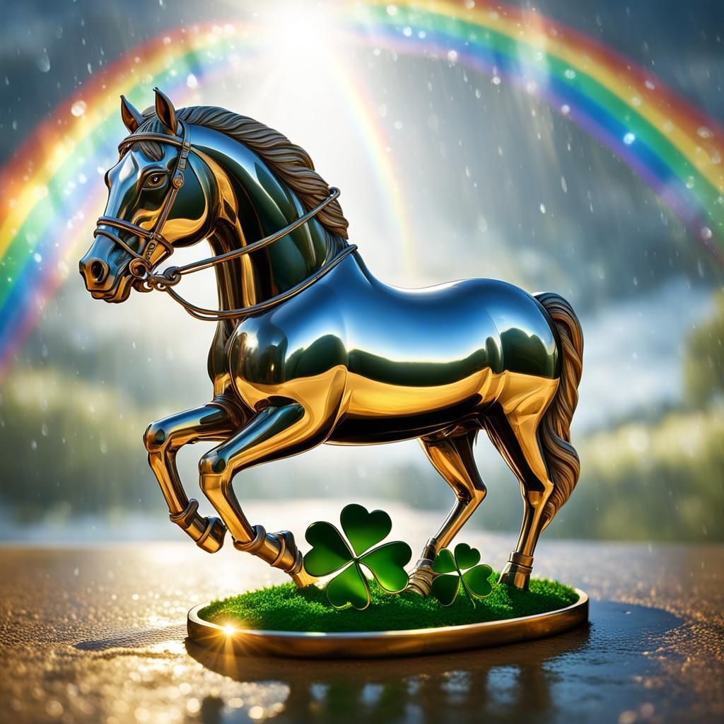 A Gold Reflective Lucky Horse Statue With Four Leaf Clovers On Gold Display Plate With A Rainbow