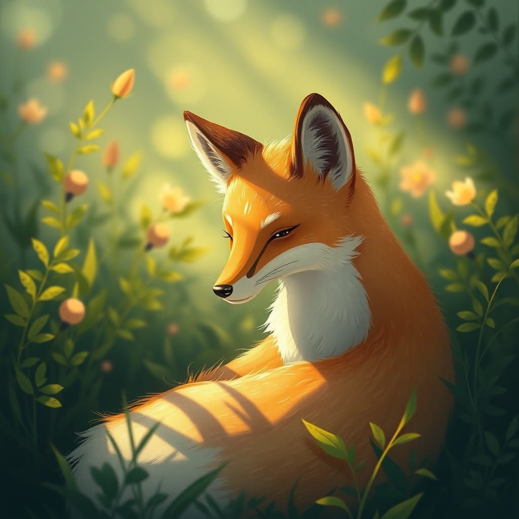 Serene Fox in Sunlight: Whimsical Digital Art