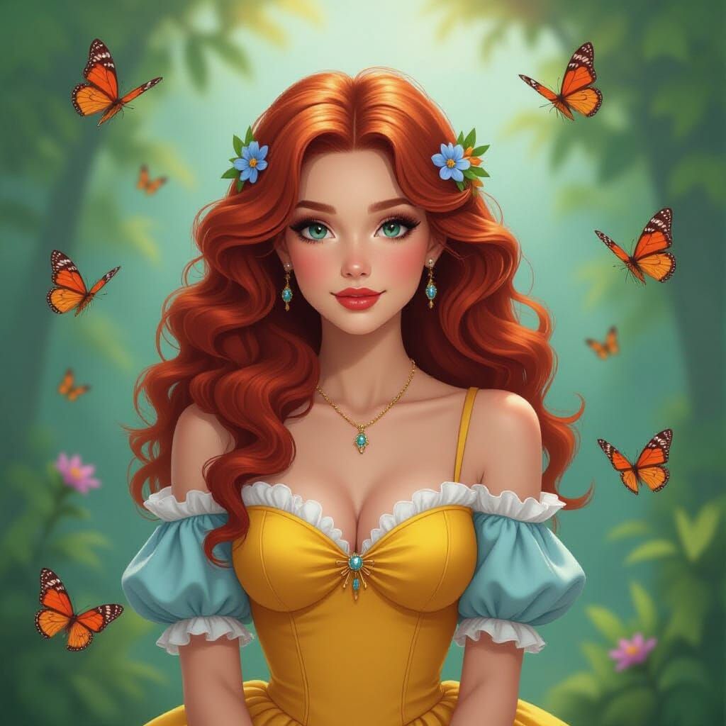 Radiant Redhead with Butterflies in Dreamy Aerography