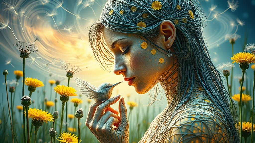 Ethereal String Woman Kissing Bird in Garden