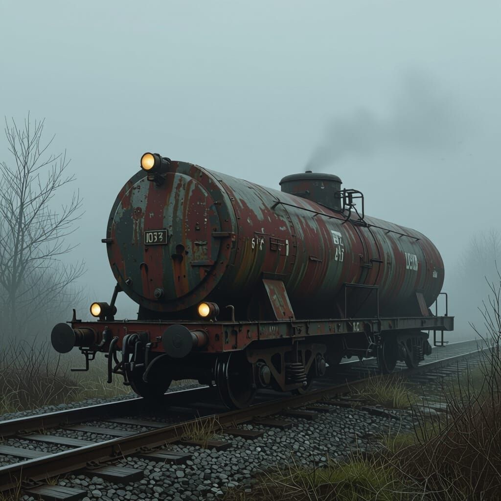 Vintage Tank Car in Misty Overgrown Landscape