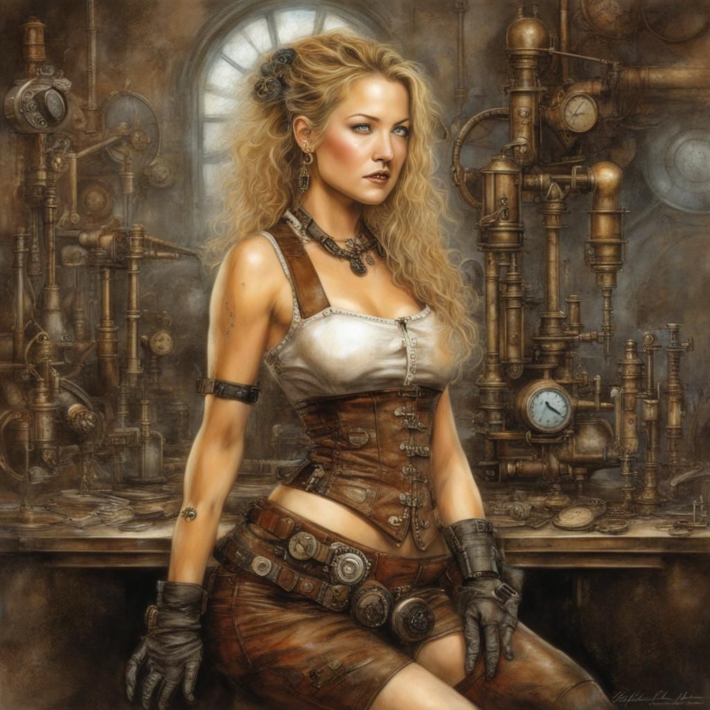 Steampunk Woman in Cluttered Laboratory, Luis Royo Style