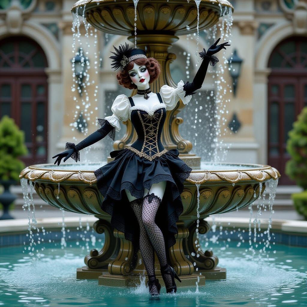 Gothic Marionette Flapper Girl in Steampunk Fountain