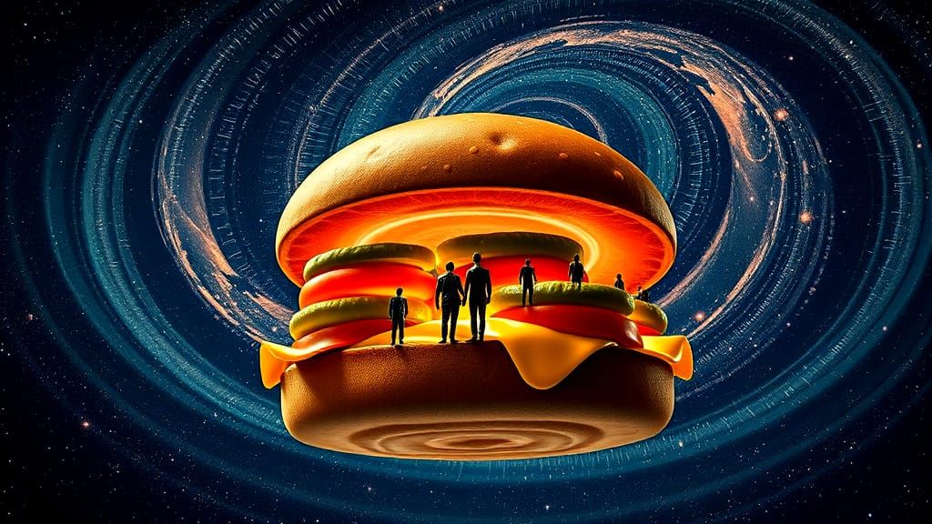 Colossal Burger in Galaxy with Micro People