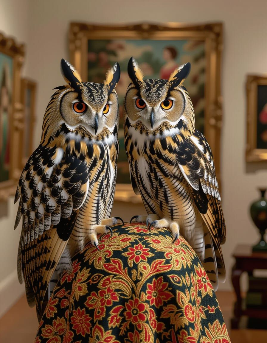 Majestic Owl and Art Collector in Gallery