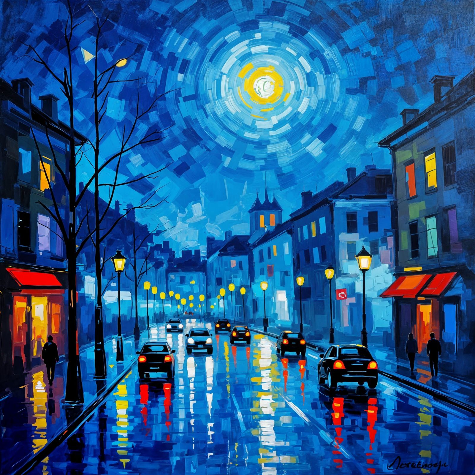 Expressionist Downtown Nightglow Cityscape