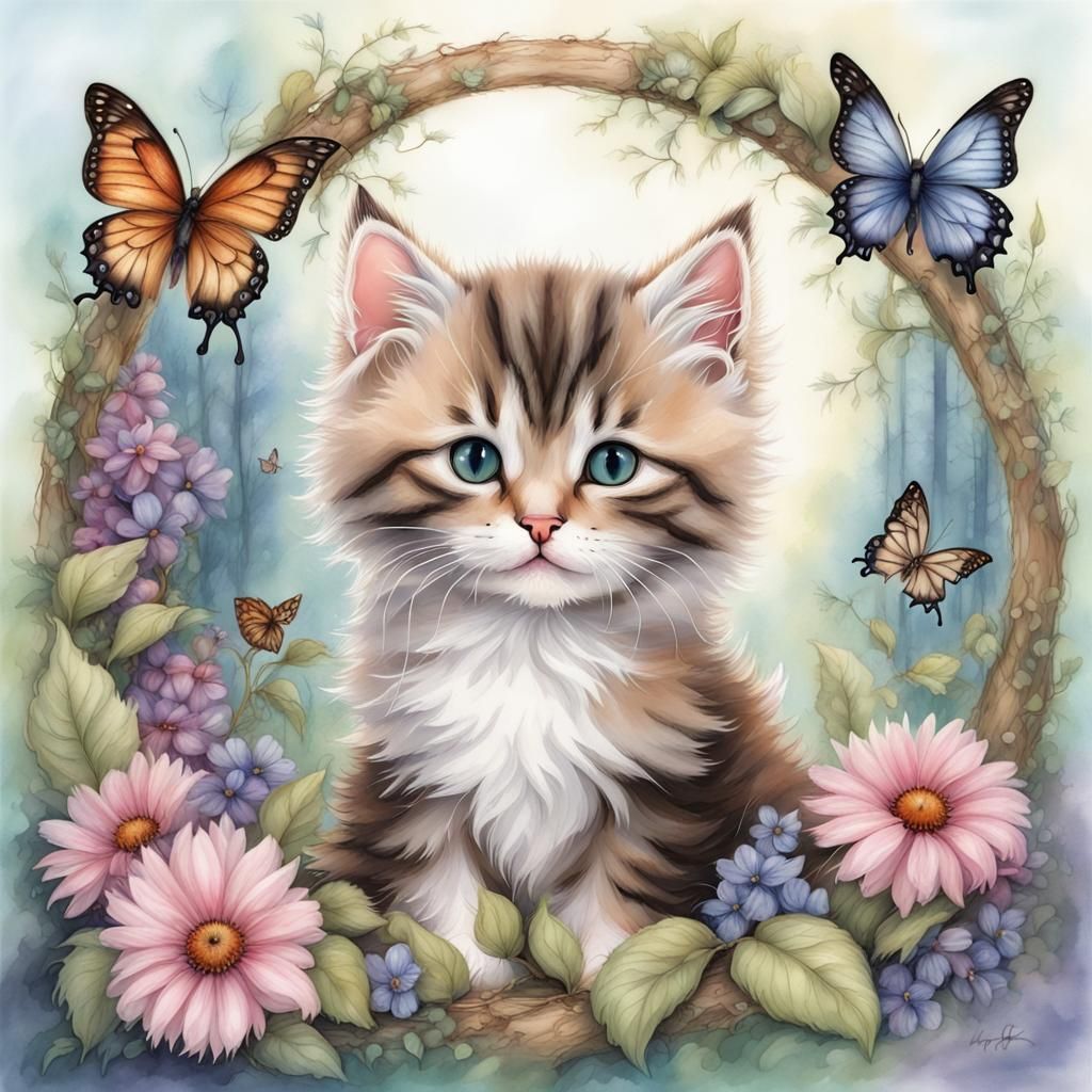 Fuzzy Kitten Portrait with Floral Frame