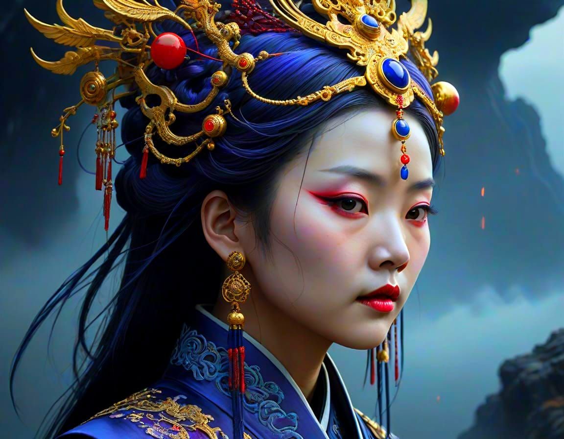 Majestic Wu Shaman in Midnight Blue Hanfu with Golden Accent...