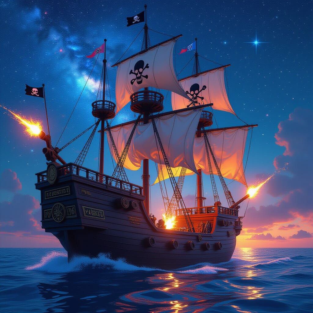 Crystal Skull Pirate Ship Sailing Through Starry Expanse