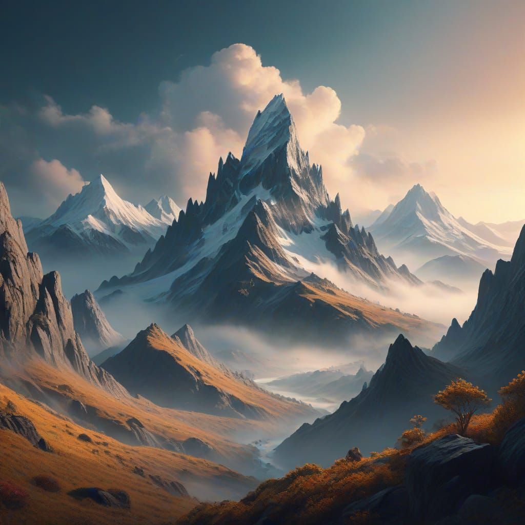 Ethereal Grapheme Suspended Over Misty Peaks in Dreamlike Sc...