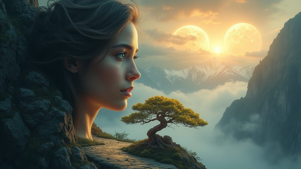 Mesmerizing Double-Exposure Portrait in a Futuristic Landsca...