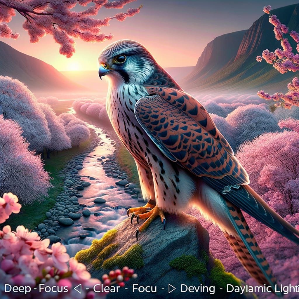 Photorealistic Falcon Perched on Rock in Blossoming Spring L...