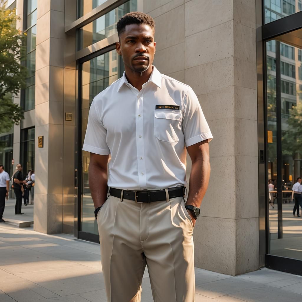 Confident Security Guard in Art Deco Building