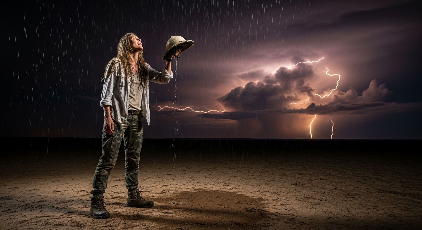 Woman Receives Desert Rainstorm Relief