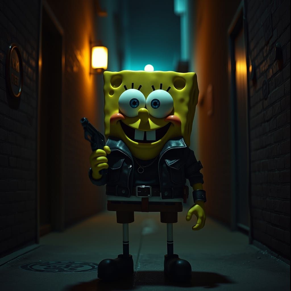 SpongeBob in Cinematic Alleyway with Water Pistol