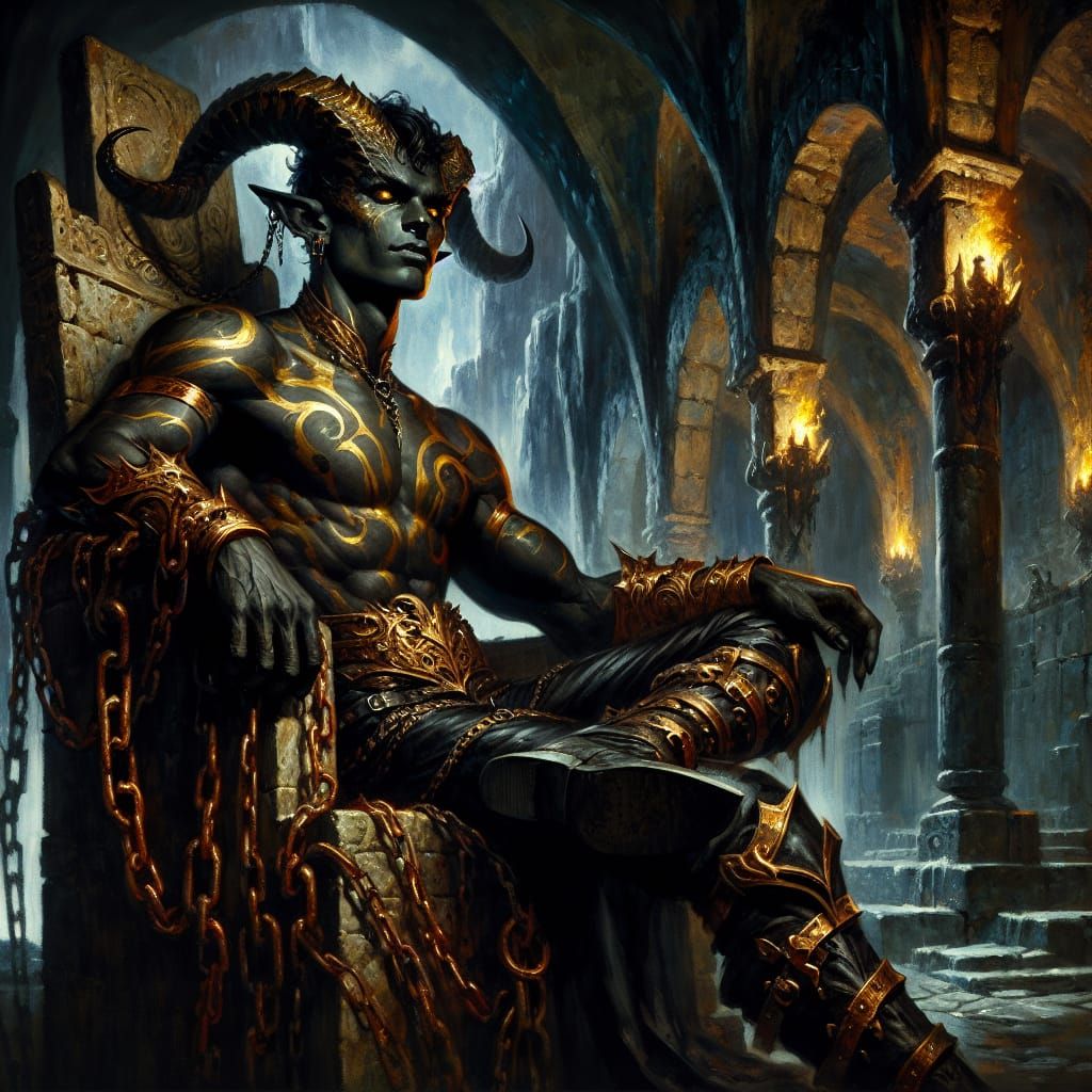 Tiefling King on Ornate Throne: Gothic Romanticism Style
