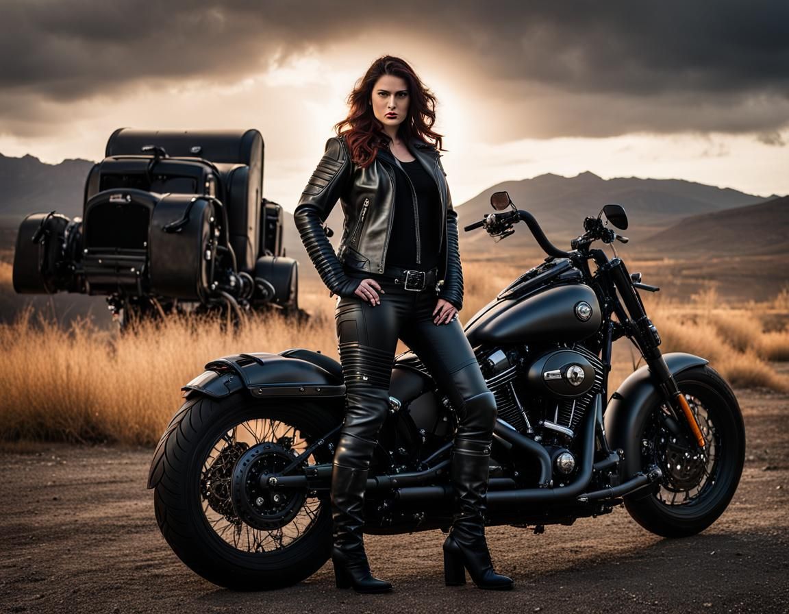 Voluptuous Biker in Post-Apocalyptic Landscape