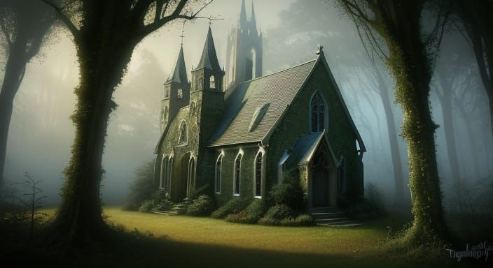 Ethereal Fantasy Scene with Abandoned Church and Hooded Figu...