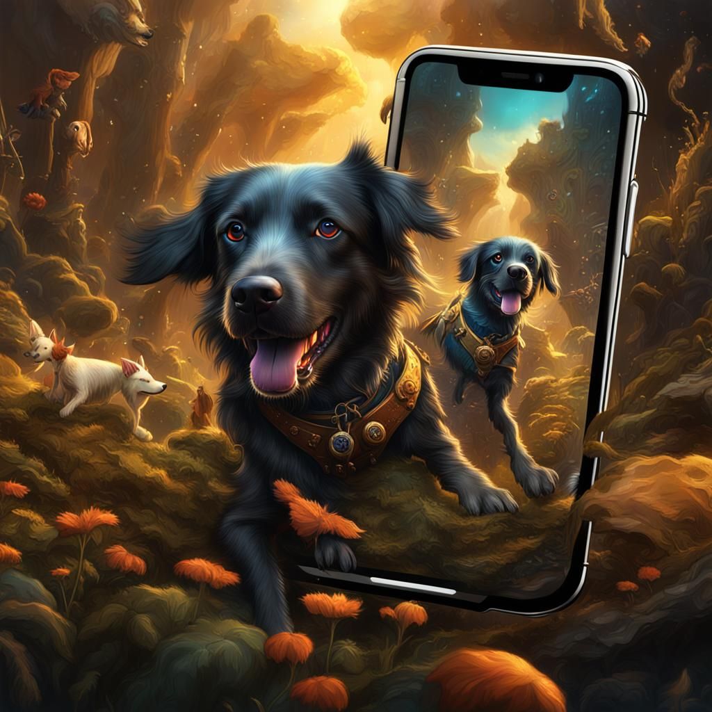 Dog Plays on iPhone: Detailed Matte Painting