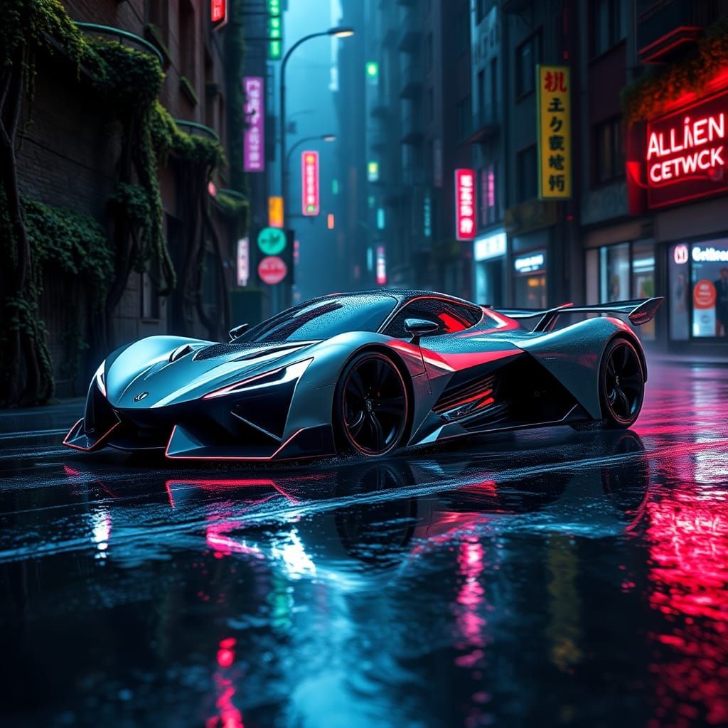 Futuristic Supercar in Biopunk Cyberpunk Cityscape