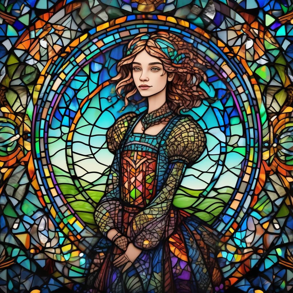 Whimsical Zentangle girl, colored in stained glass. detailed...