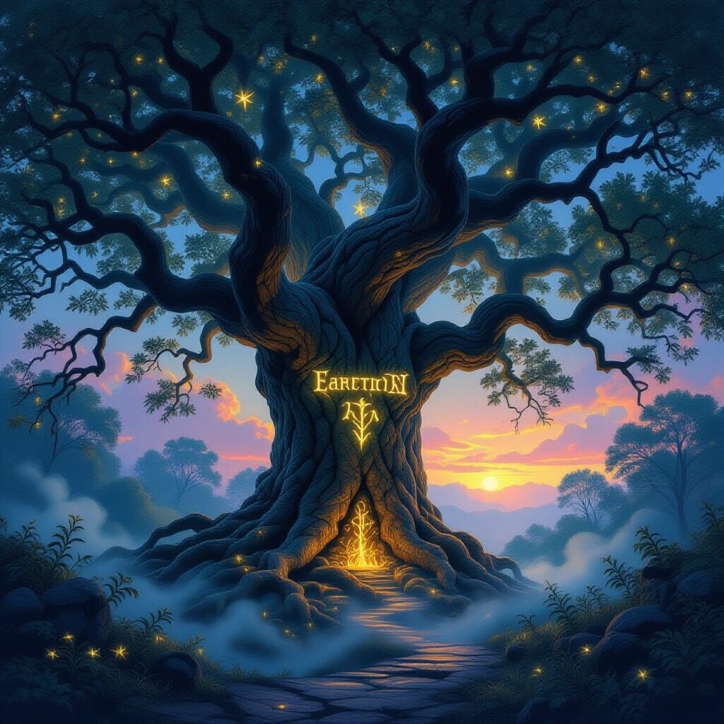 Ancient Oak Tree with Glowing Runes and Ethereal Mist