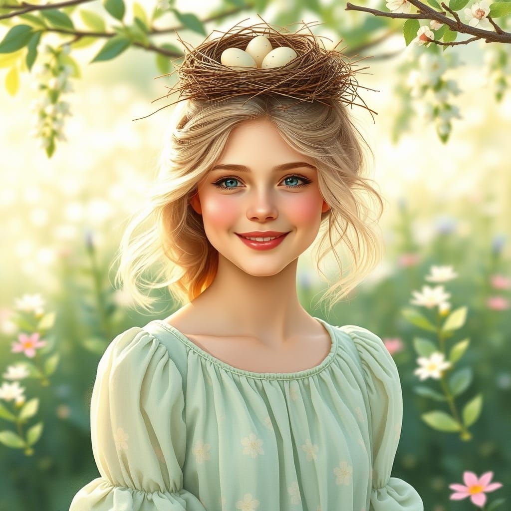 European Woman in Spring Garden, Watercolor-Style Painting