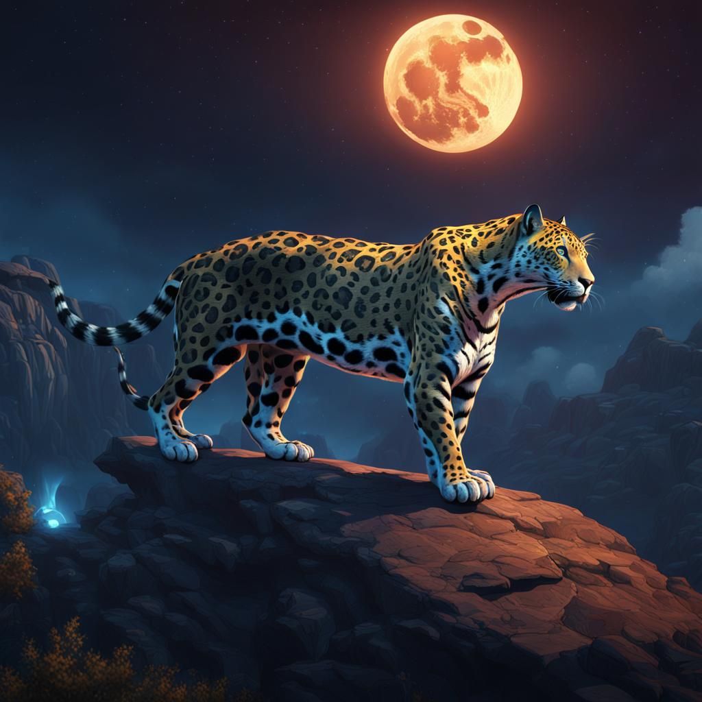 Jaguar Silhouette on Cliff Under Full Moon