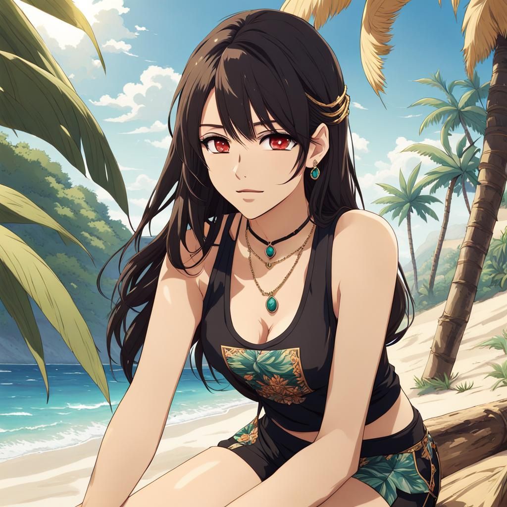 Tropical Beach Anime Girl with Tattoos