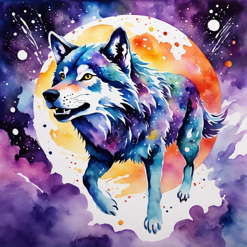 Cosmic Wolf Leaps from Galaxy: Watercolor Art