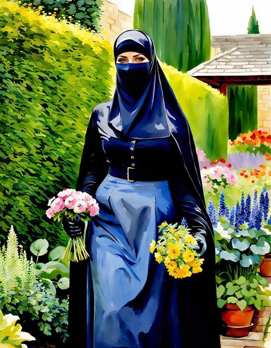 Watercolor Portrait of Niqabi Teacher in Garden