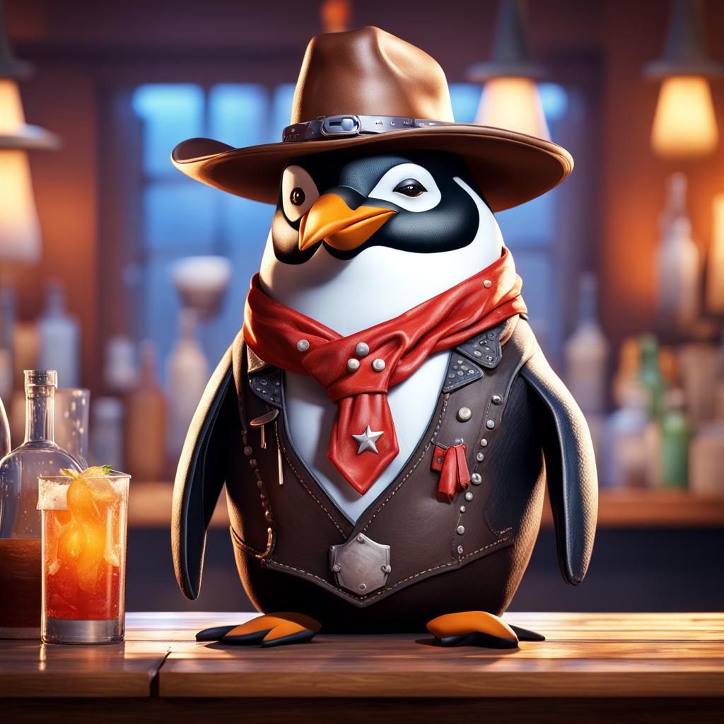 Hyperrealistic Cowboy Penguin Bartender Splash Art